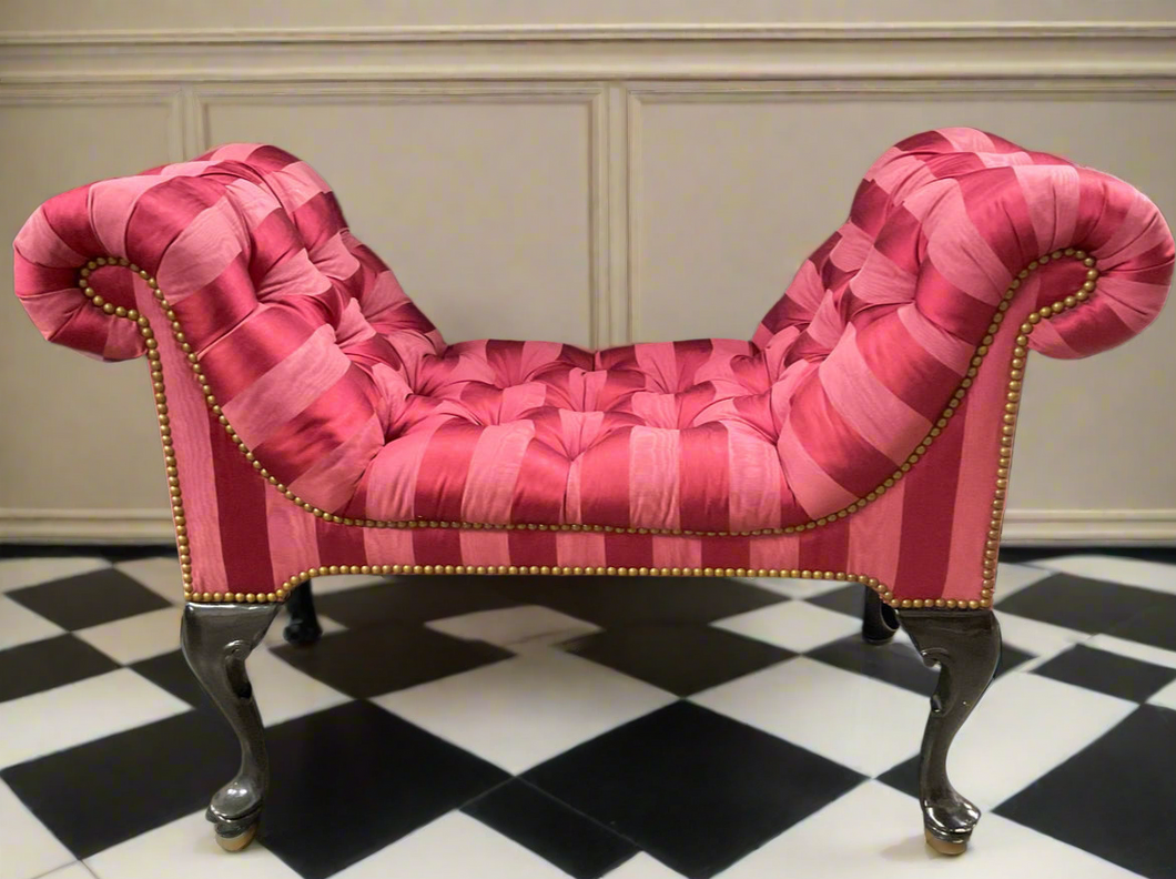 Vintage Empire Style Pink Striped Scroll Arm Bench