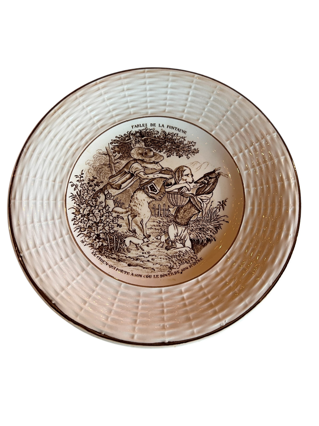 Antique French Transferware Fables De La Fontaine Plate 3 Dogs