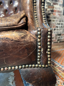 Antique English Chesterfield Leather Wing Back Chair