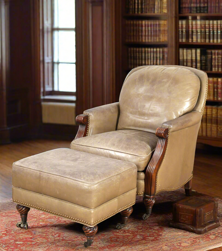 Vintage Whitemore and Sherrill Studded Leather Arm Chair with Ottoman
