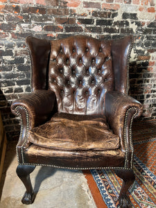 Antique English Chesterfield Leather Wing Back Chair
