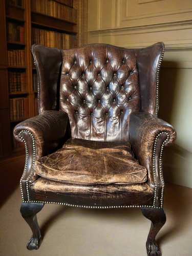 Antique English Chesterfield Leather Wing Back Chair