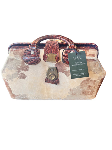 Vintage 1920s Cow Hide Boston Bag/ Travel Bag