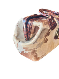 Vintage 1920s Cow Hide Boston Bag/ Travel Bag